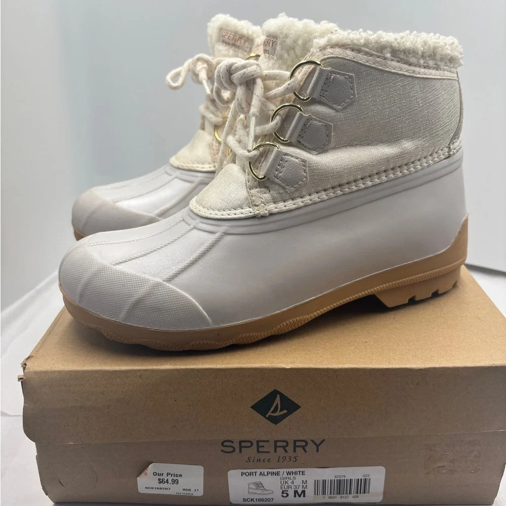 Sperry Port Alpine Cream Boots rain faux fur shimmer Girls 5